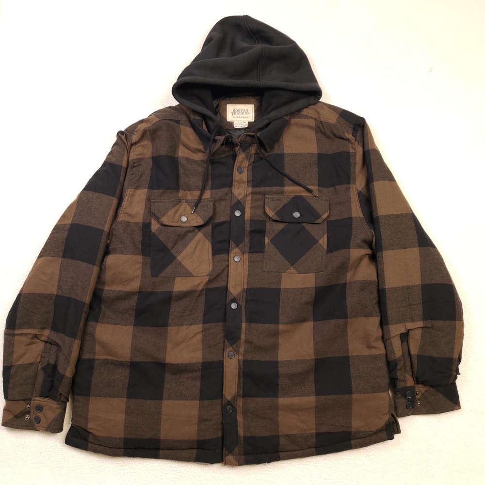 Boston Traders Hooded Shirt Jacket Mens XXL Brown Buffalo Plaid Quilted Grunge - Picture 2 of 13